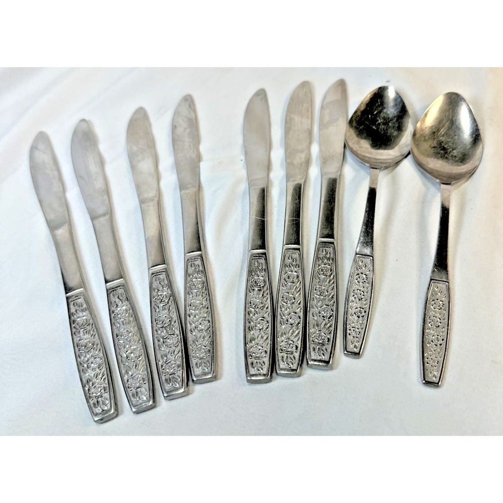 9 Pieces Vintage Custom Craft Stainless Steel Flatware CUS10 Roses JAPAN  #S2